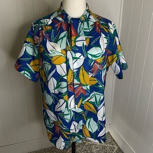 Vintage Paris Station Womens XL Tie Neck Button Front Blouse Blue Multicolor